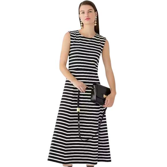 J. Crew Black Striped Cap Sleeve Cotton Knit Midi Dress - Picture 1 of 11